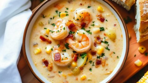 Shrimp chowder with bacon, corn and potatoes in a wooden board.