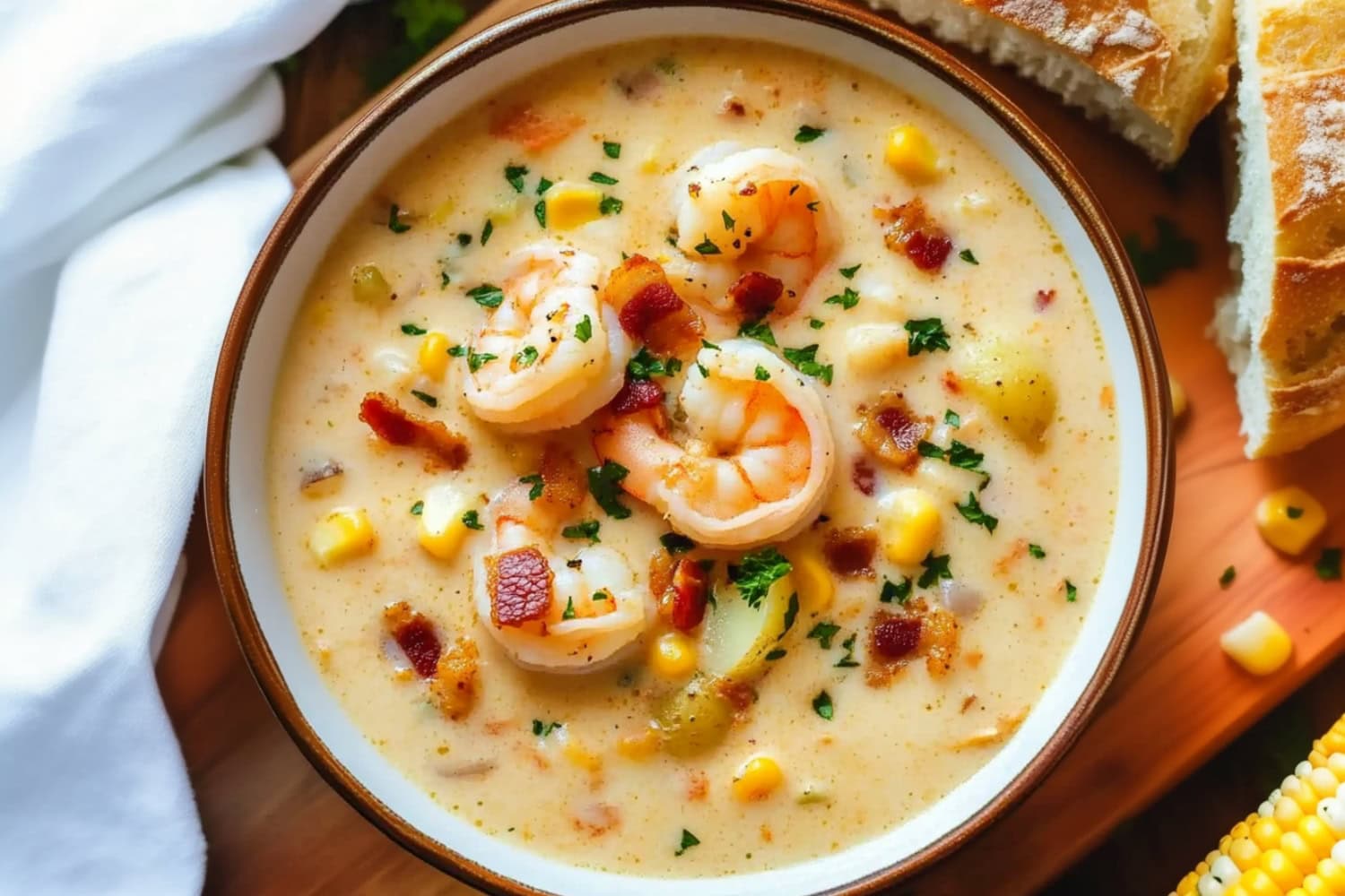 Shrimp chowder with bacon, corn and potatoes in a wooden board.