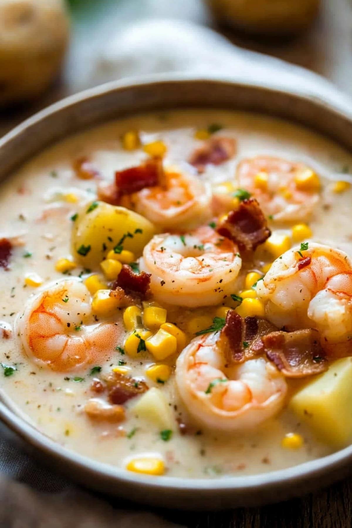 Creamy shrimp chowder filled with potatoes, corn and bacon.