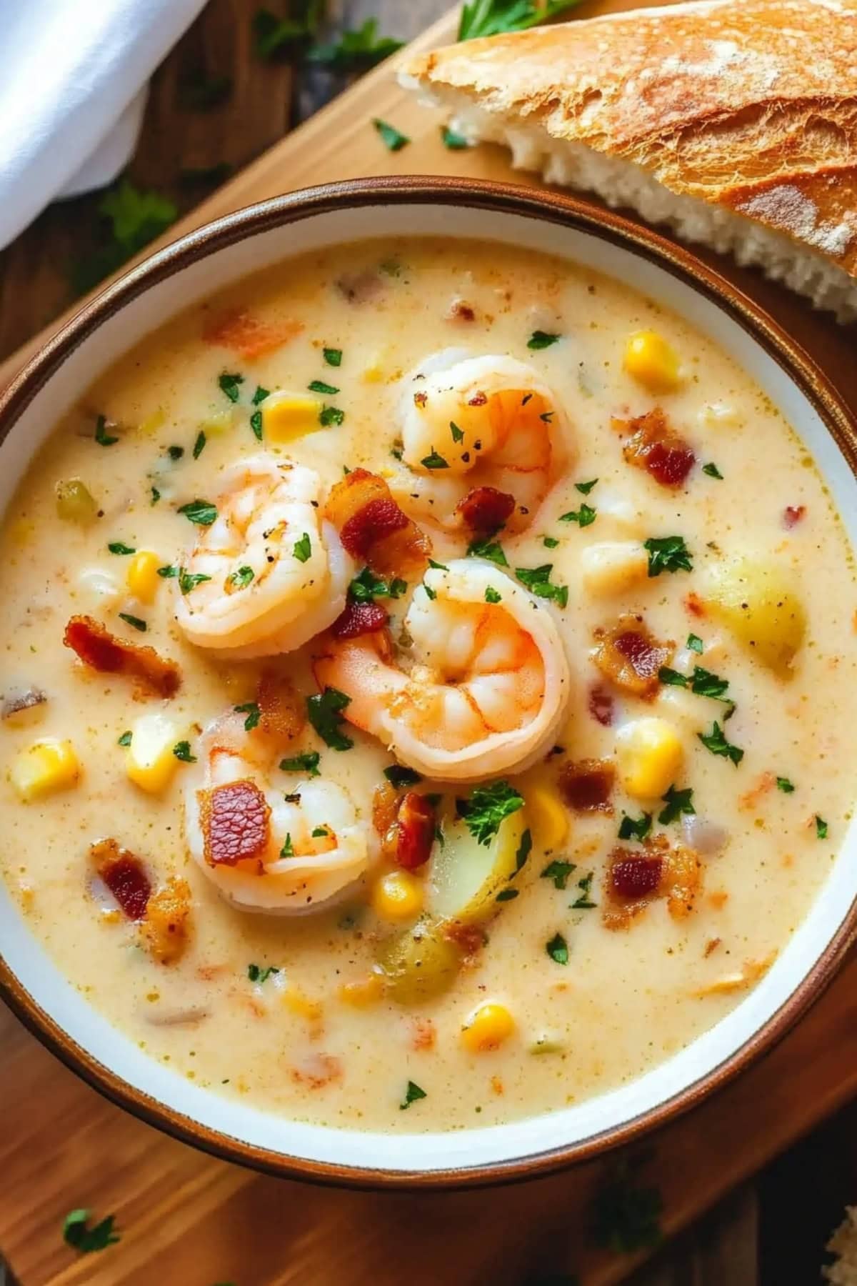 A bowl of shrimp corn chowder with bacon and a sprinkle of herbs.