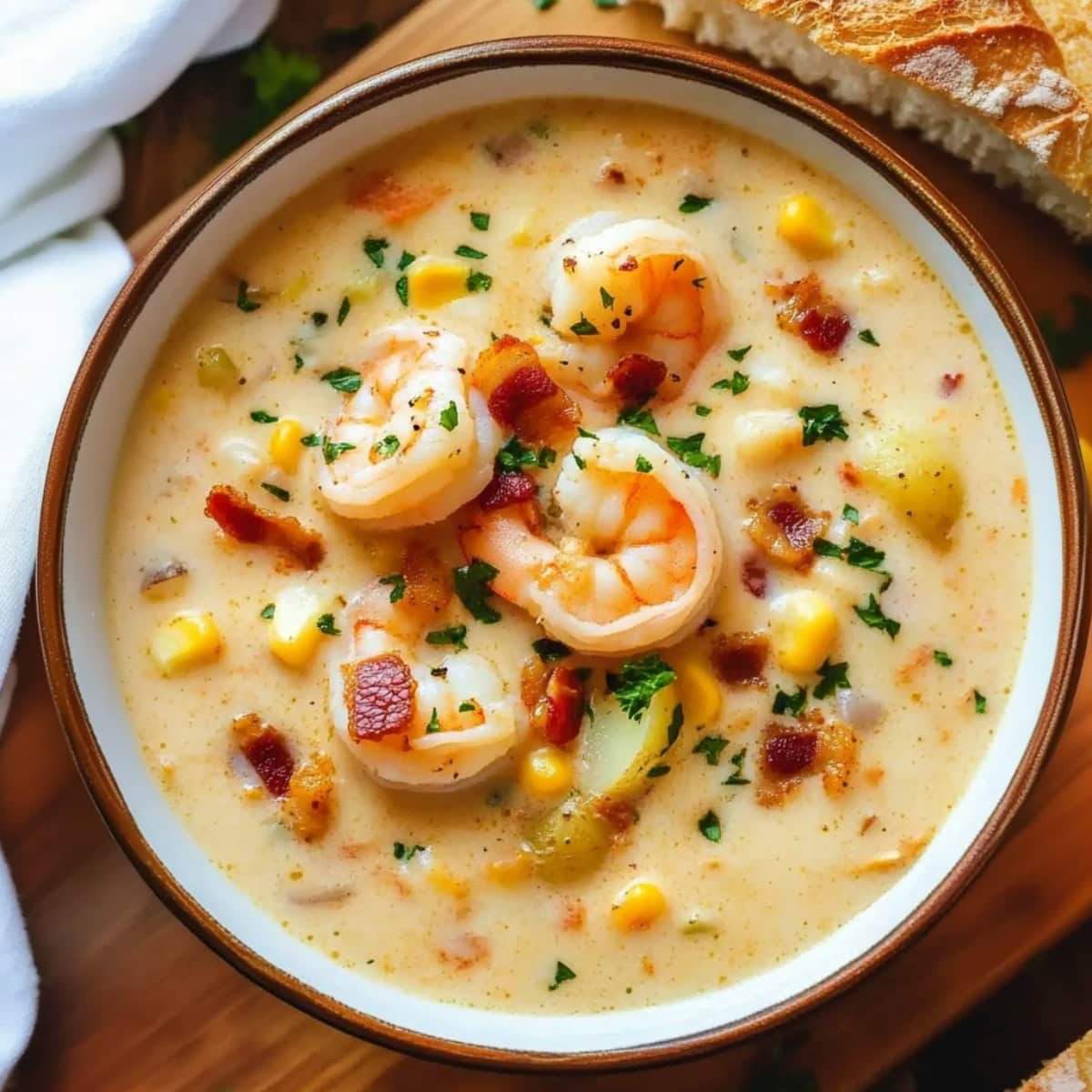 Bowl of shrimp chowder served with a side of bread.