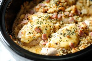 Baked chicken cordon bleu with crumbly stuffing, savory ham and melted cheese.