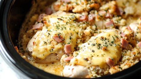 Baked chicken cordon bleu with crumbly stuffing, savory ham and melted cheese.