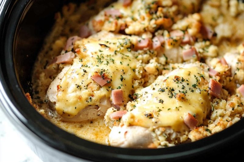 Baked chicken cordon bleu with crumbly stuffing, savory ham and melted cheese.