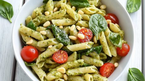 Pasta with pesto pasta, basil, tomatoes, cheese and pine nuts.