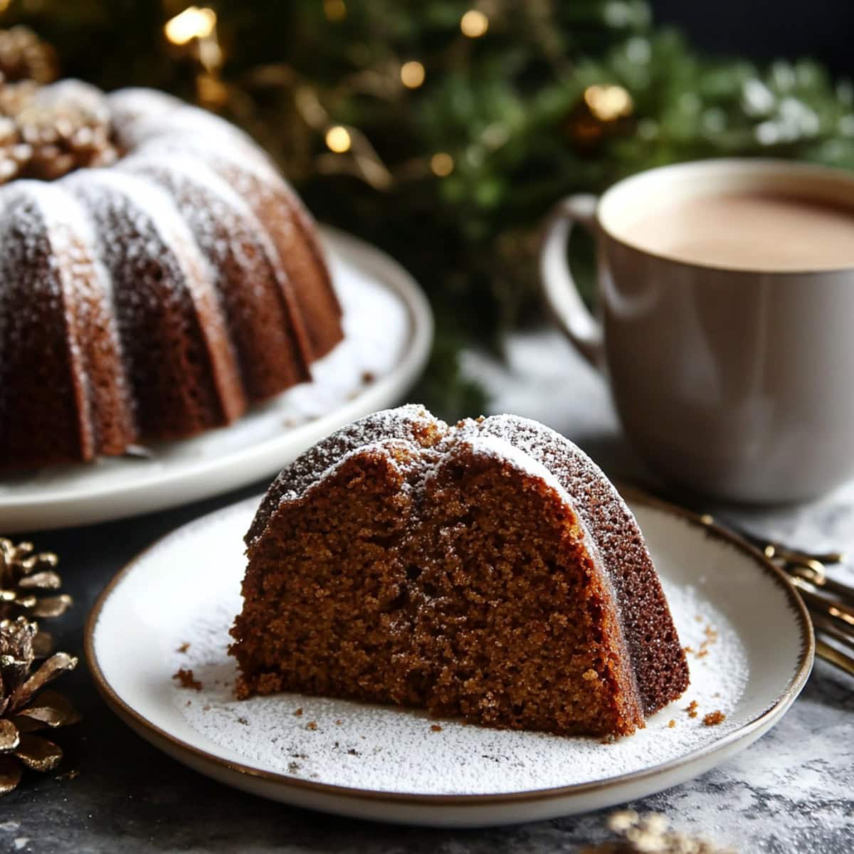 A slice of gingerbread bundt cake on a plate with a coffee on the side