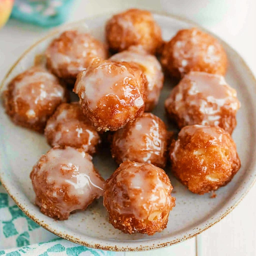 A plate of Apple Fritter Bites covered in apple cider glaze.