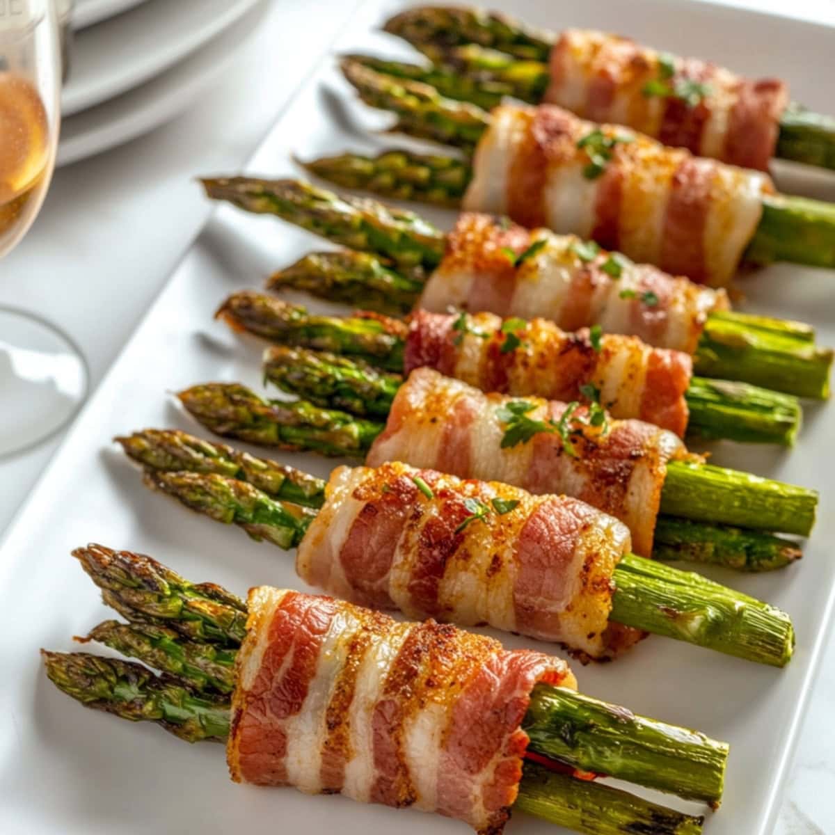 Homemade bacon wrapped asparagus arranged in a platter on a white marble table.