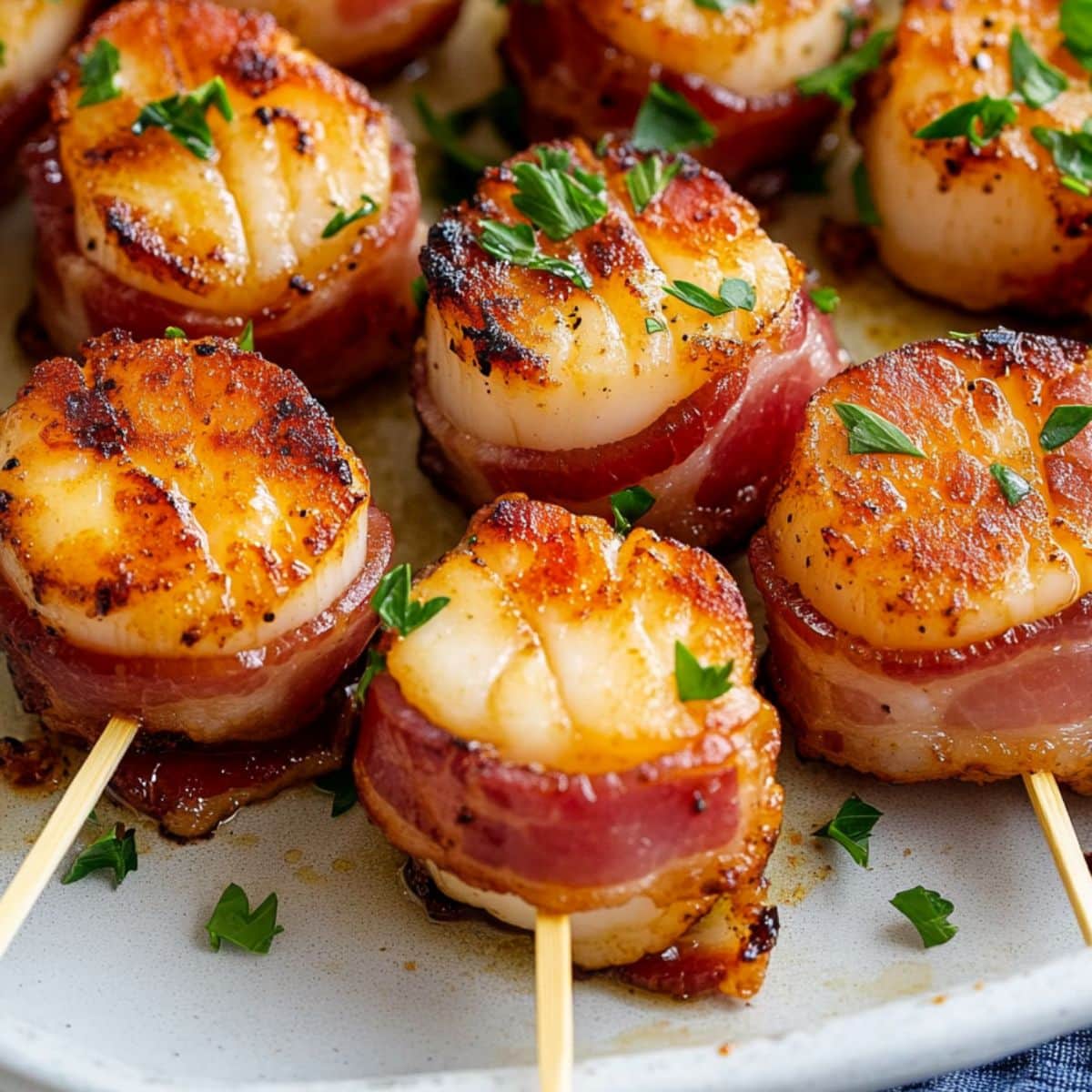 Scallops wrapped with bacon strips secured with a toothpick served in a white plate.