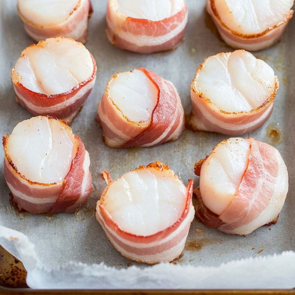 Bacon wrapped scallops in a sheet pan with parchment paper.