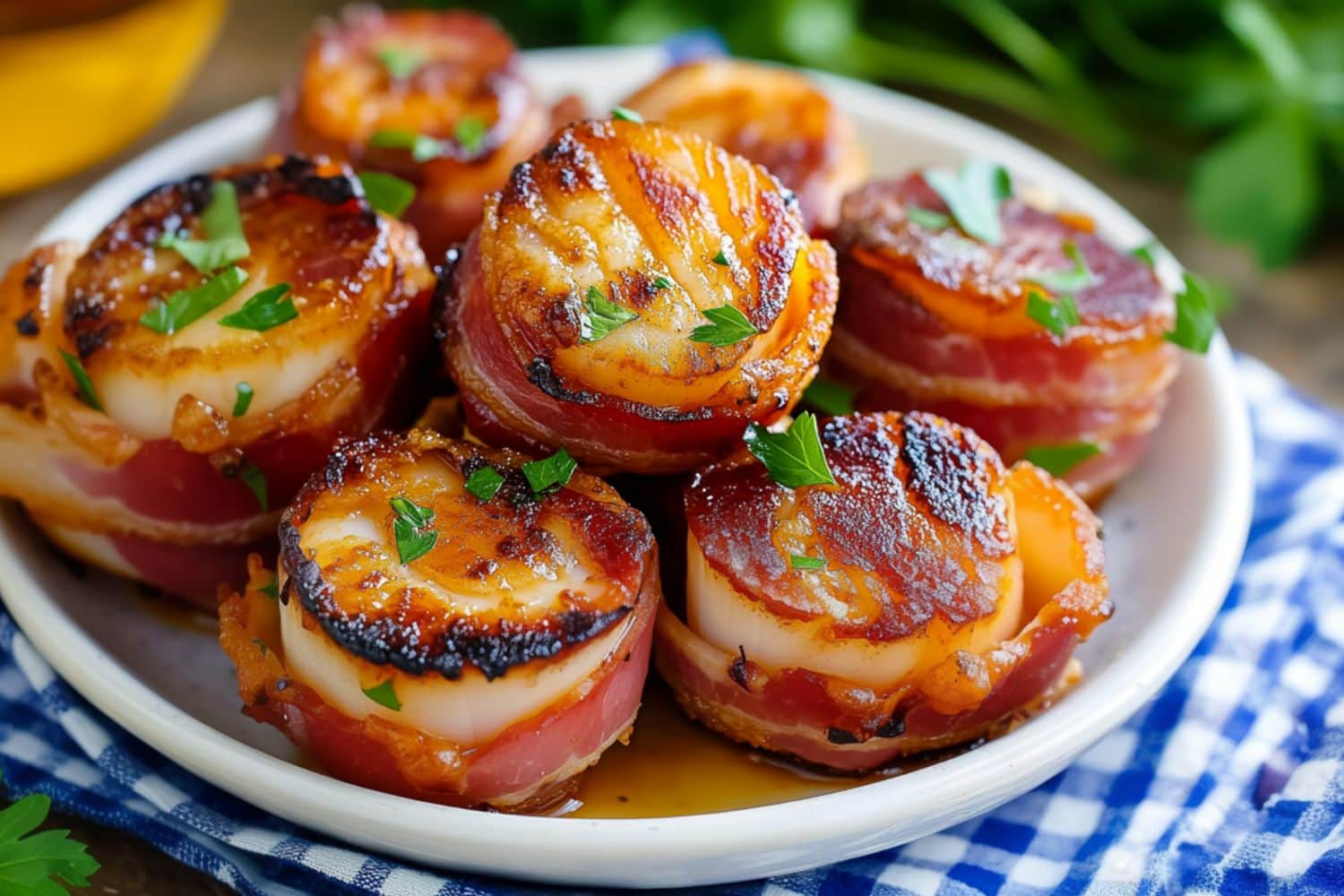 Bacon wrapped scallops arranged in a white plate.