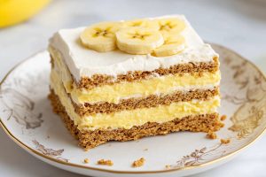 Sliced banana icebox cake on a plate with layers of graham crackers and creamy filling.