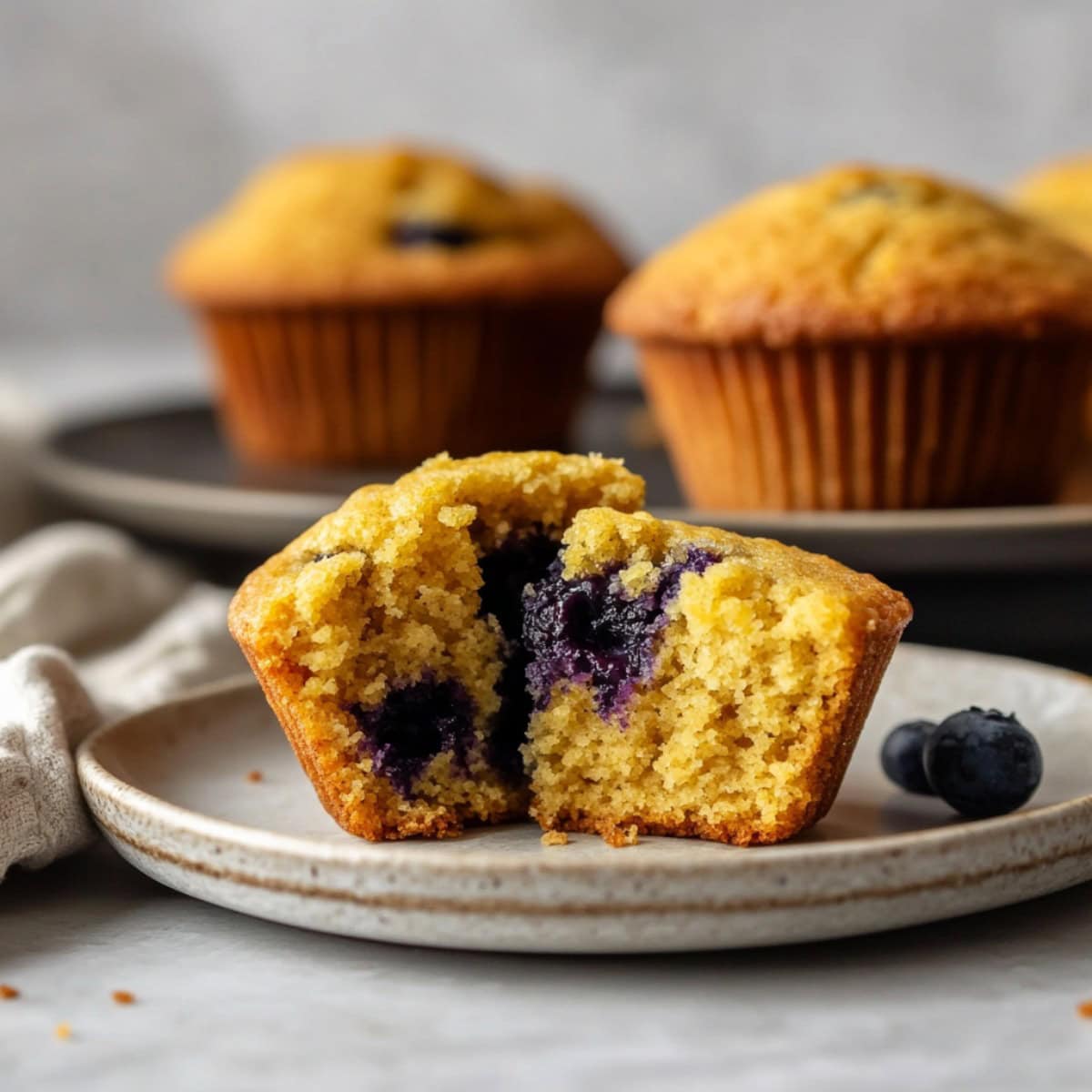 Blueberry Cornbread Muffin Cut on a Plate