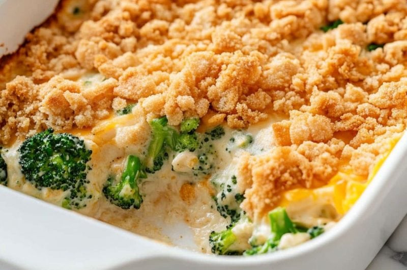 Cheesy and creamy broccoli casserole in a white baking dish covered with crushed Ritz crackers.