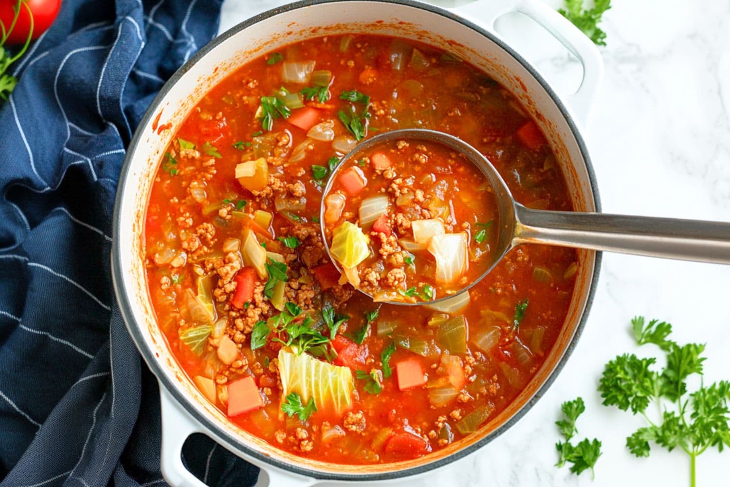 Cabbage roll soup serving lifted by a metal ladle from pot.