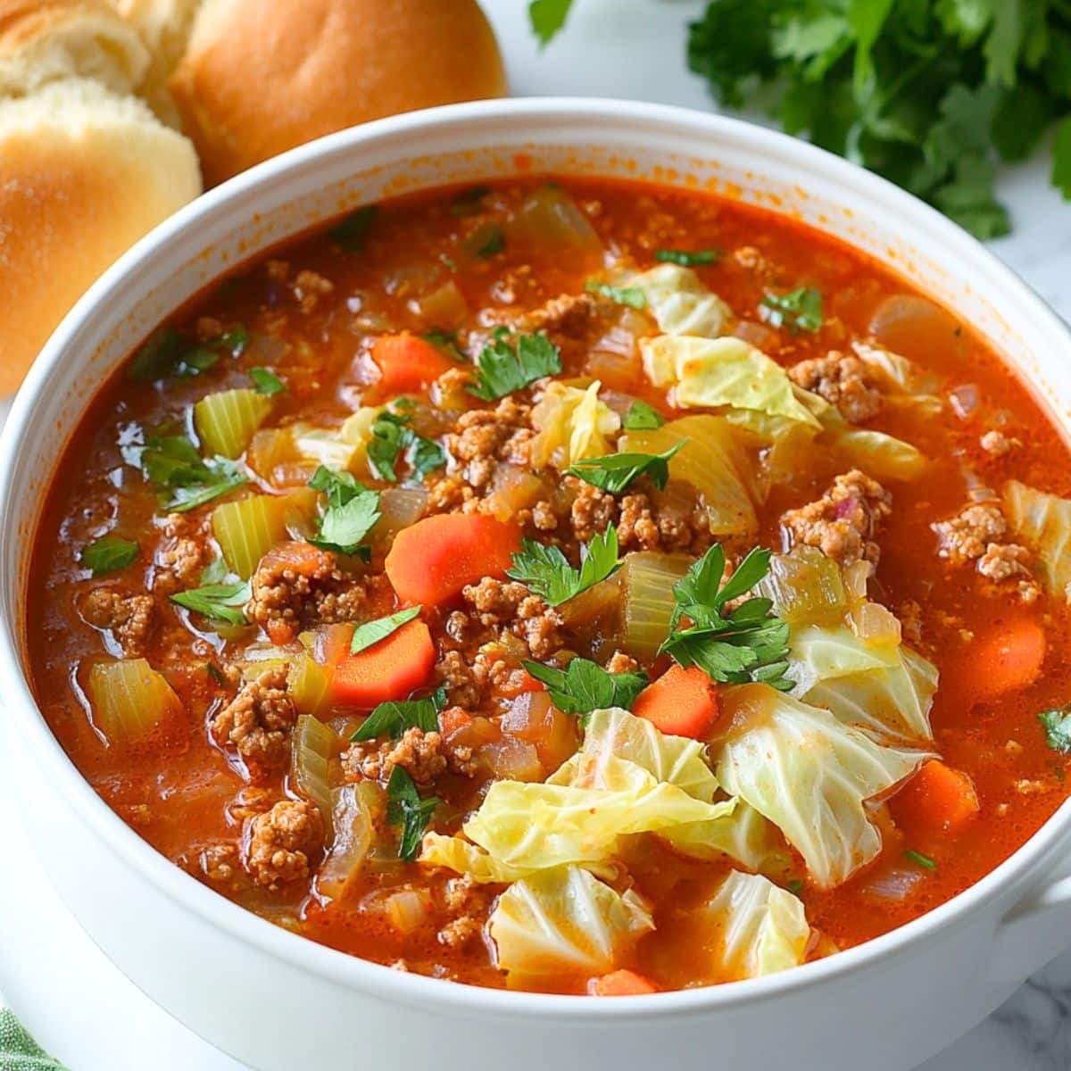 White bowl with a serving of cabbage roll soup served with dinner rolls on the side.