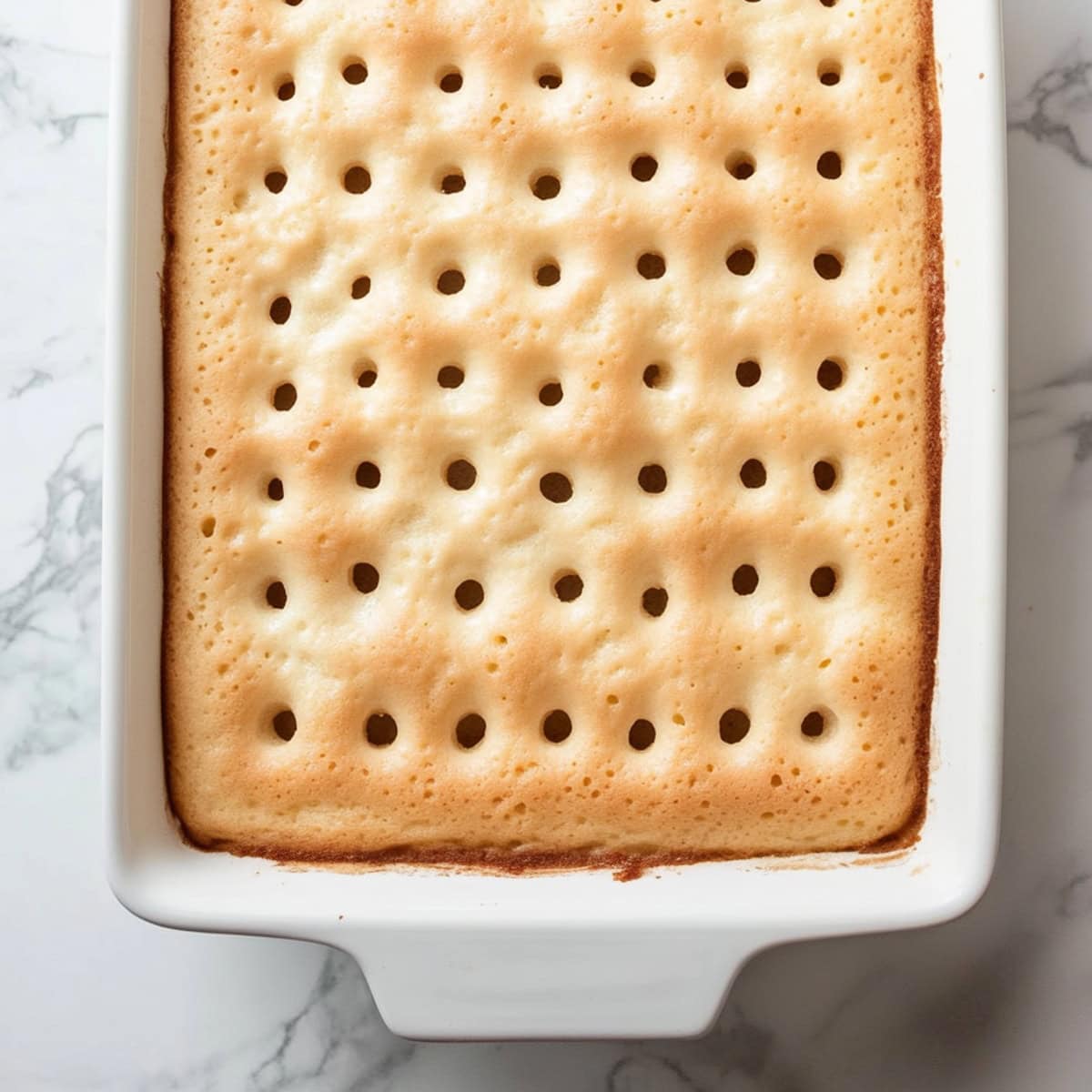 Bake cake with poked holes in a 9x13 white baking dish.