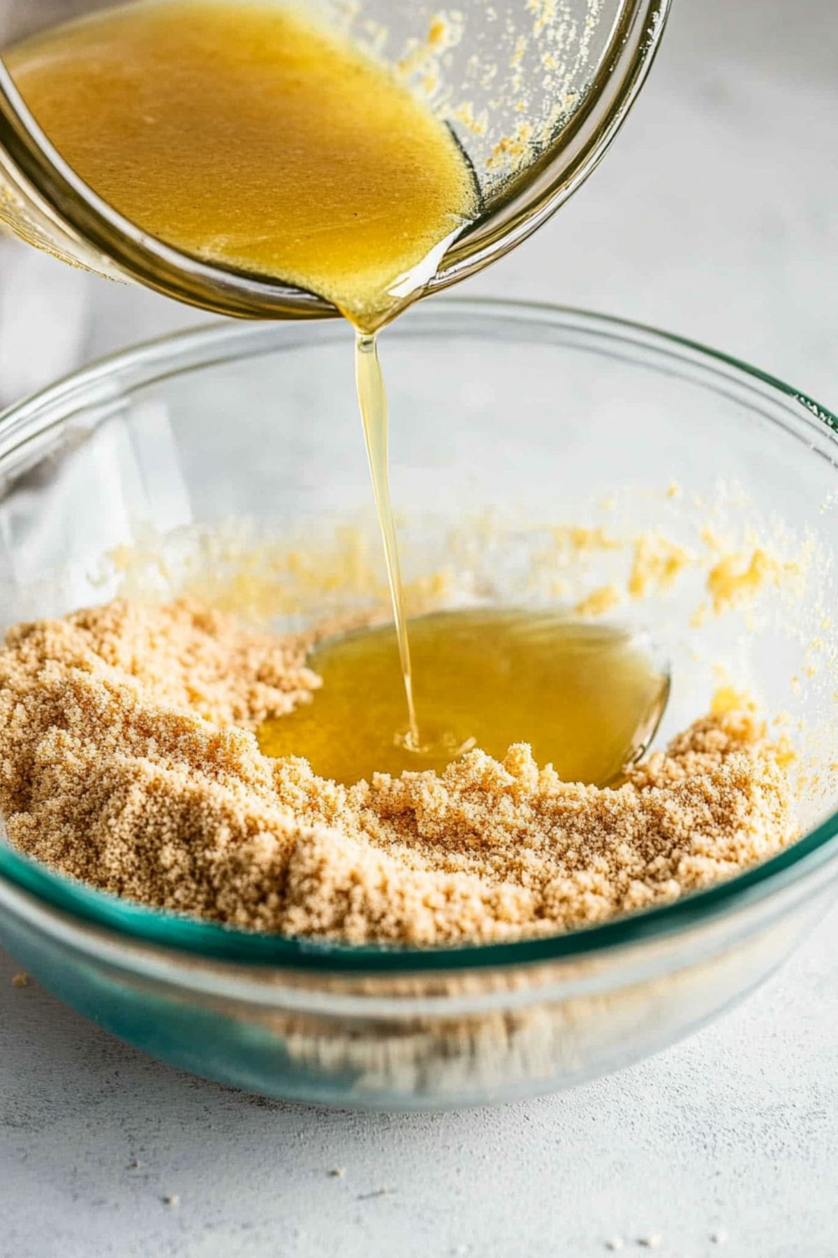 Melted butter poured over a glass mixing bowl with crushed graham crackers.