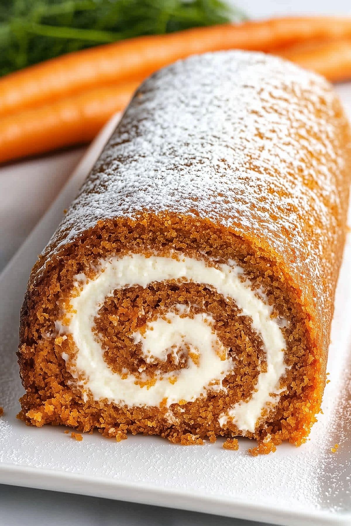 Carrot cake roll dusted with powdered sugar sitting on a rectangular plate. 