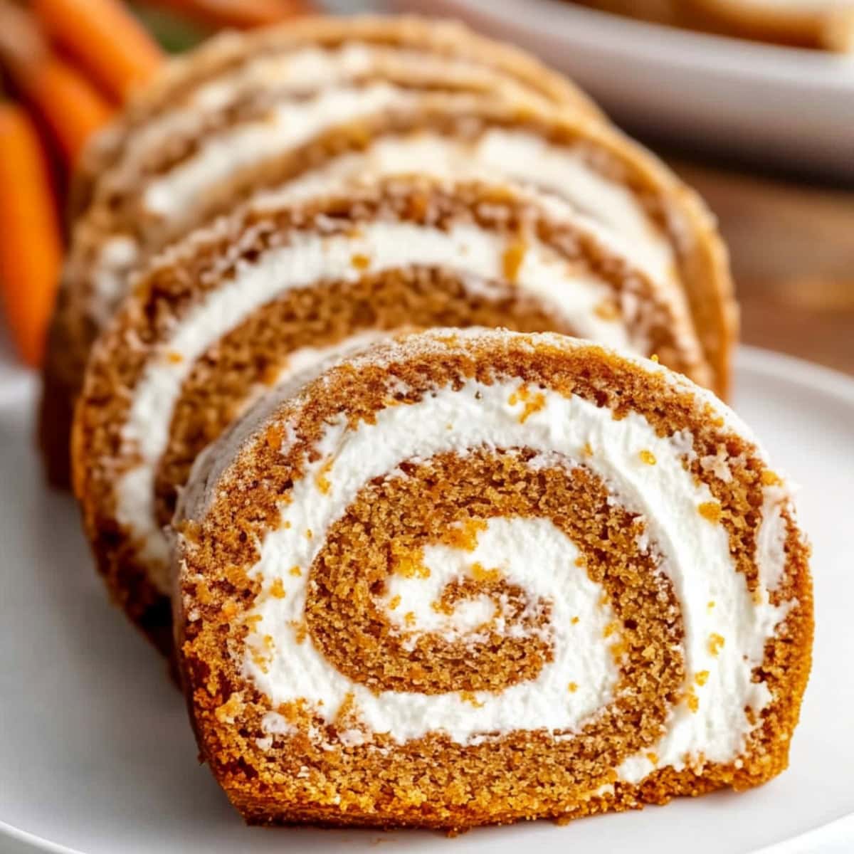 Slices of carrot cake rolls  in a white plate.