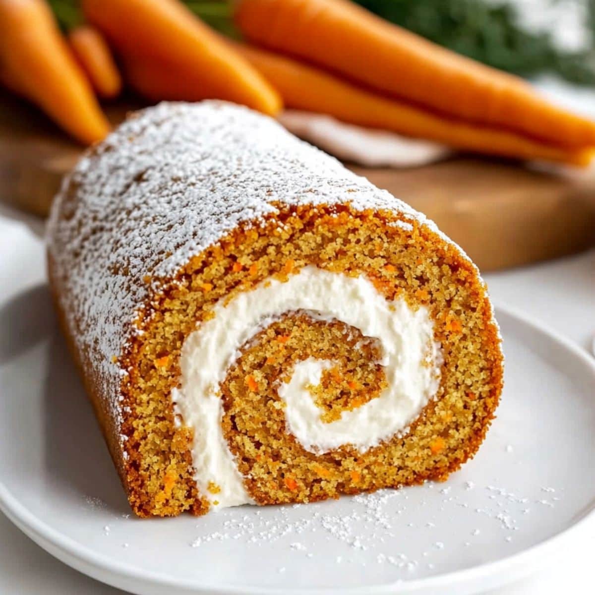 Carrot cake roll with cream cheese filling dusted with powdered sugar served in a white plate.