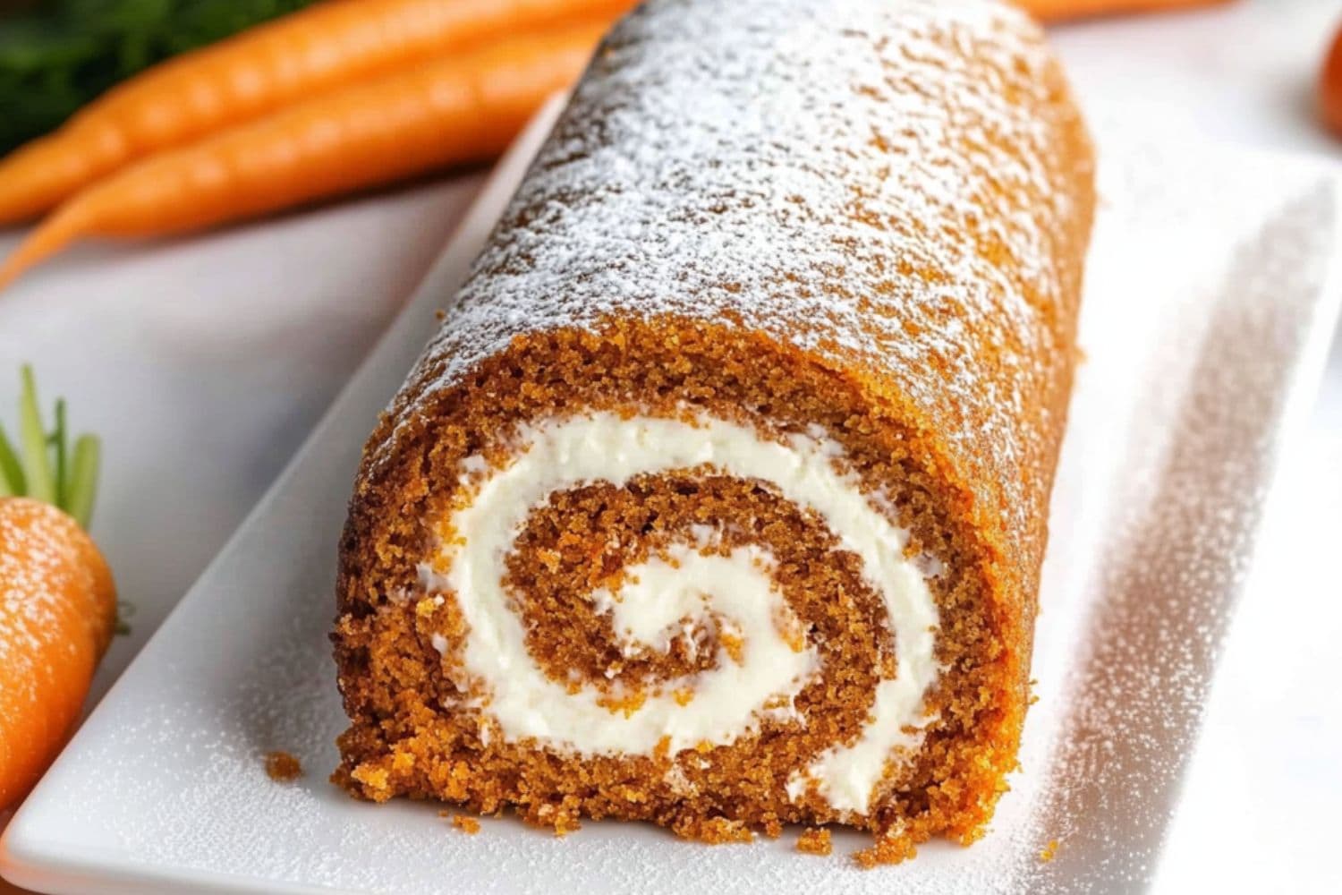 Powdered sugar dusted carrot cake with cream cheese filling in a rectangular plate.