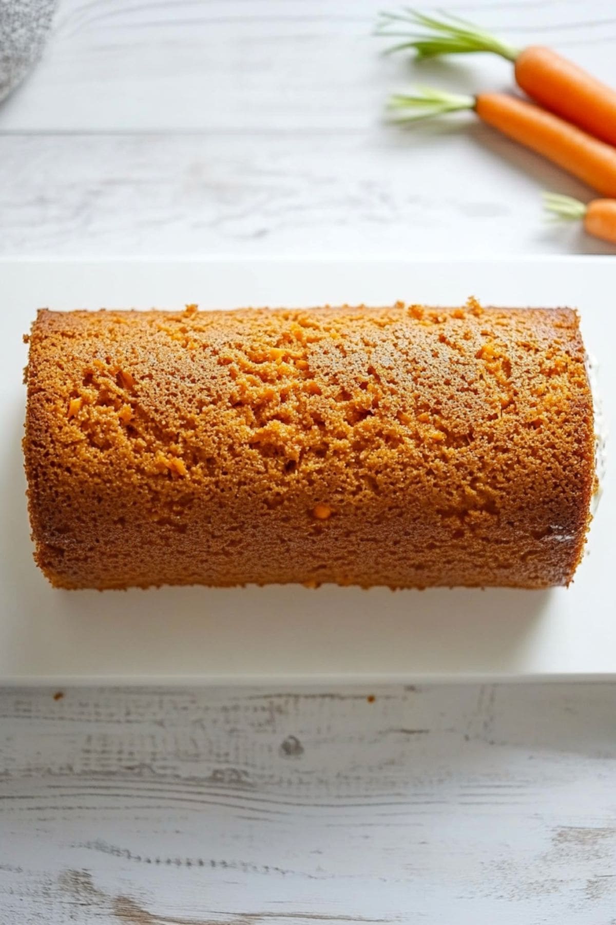 Carrot cake roll sitting on top of white board.