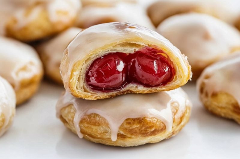 Two cherry pie bombs stacked with vanilla glaze on a white marble table.