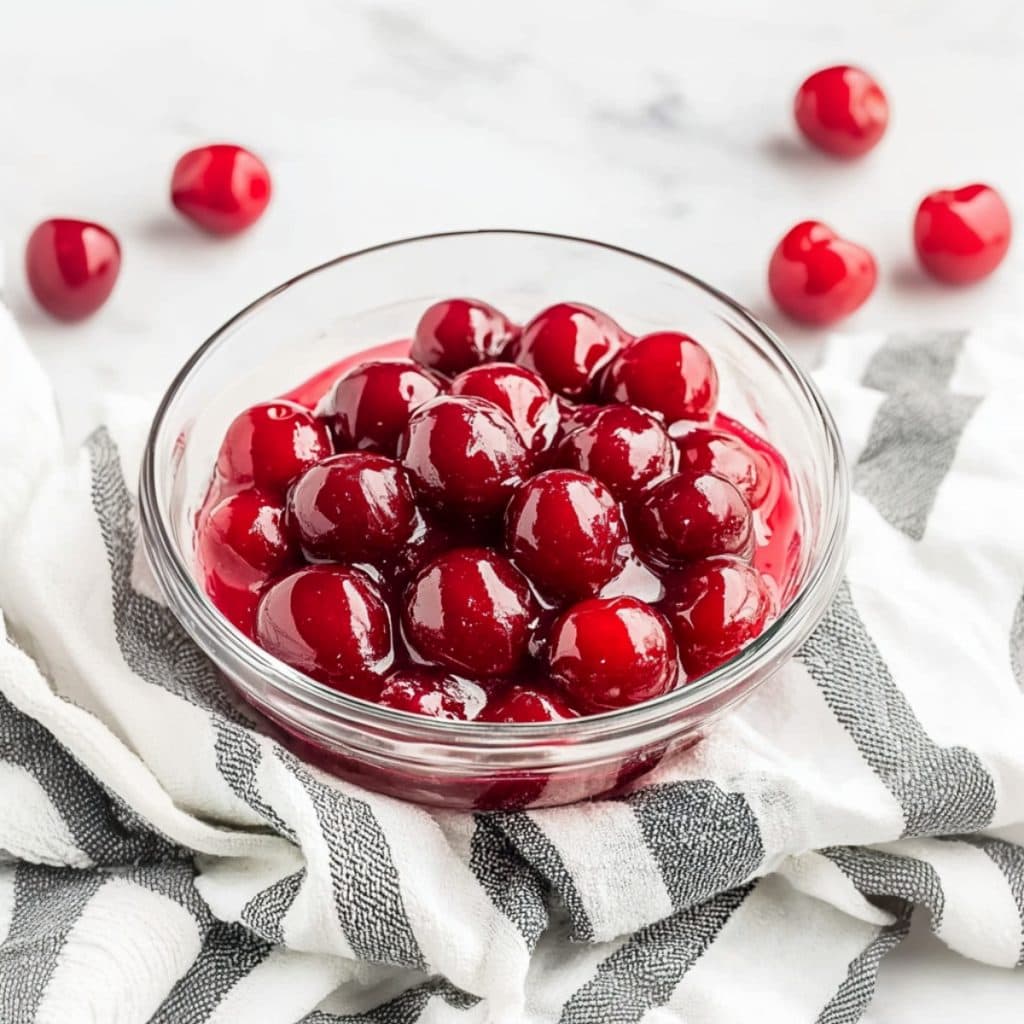 A glass bowl of cherry pie bombs on a white marble table.