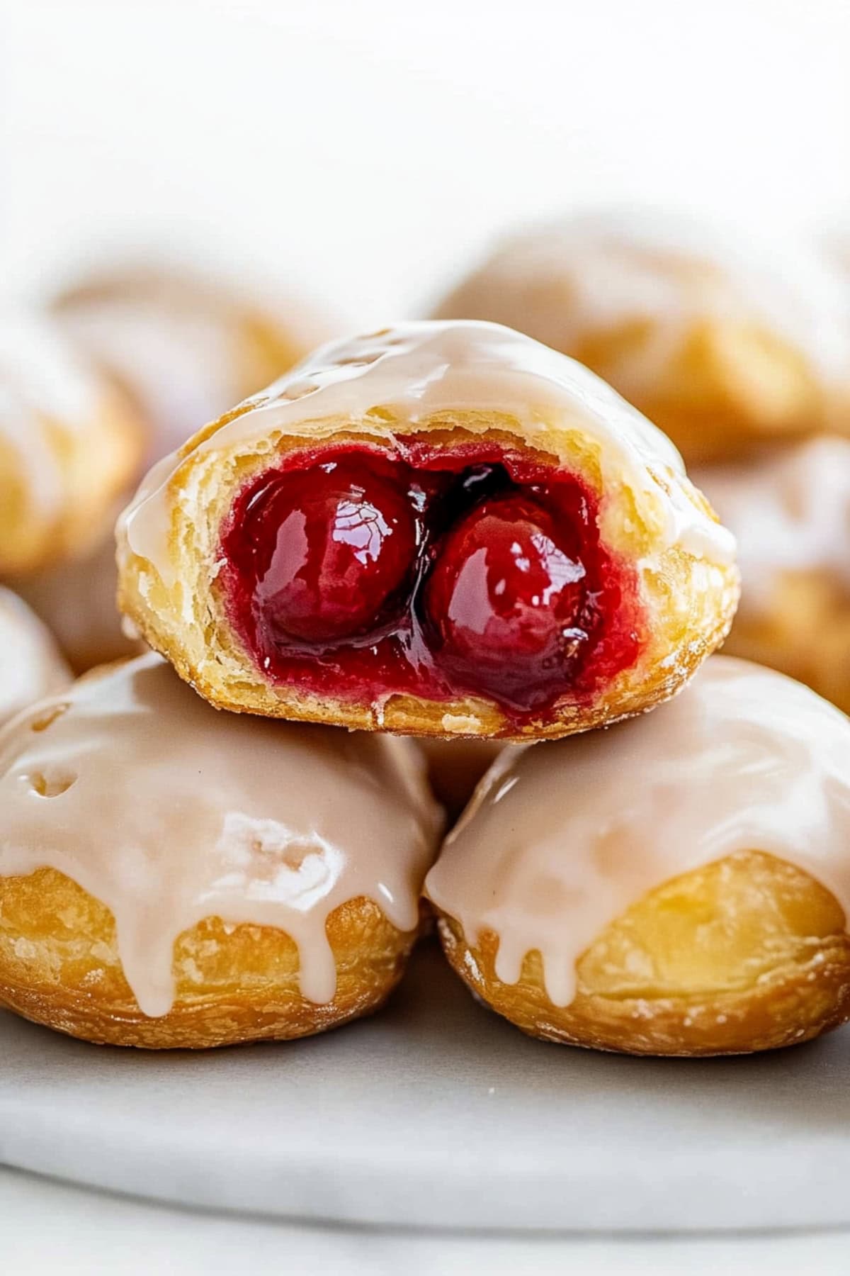 Homemade cherry pie bombs stacked on a white marble table.