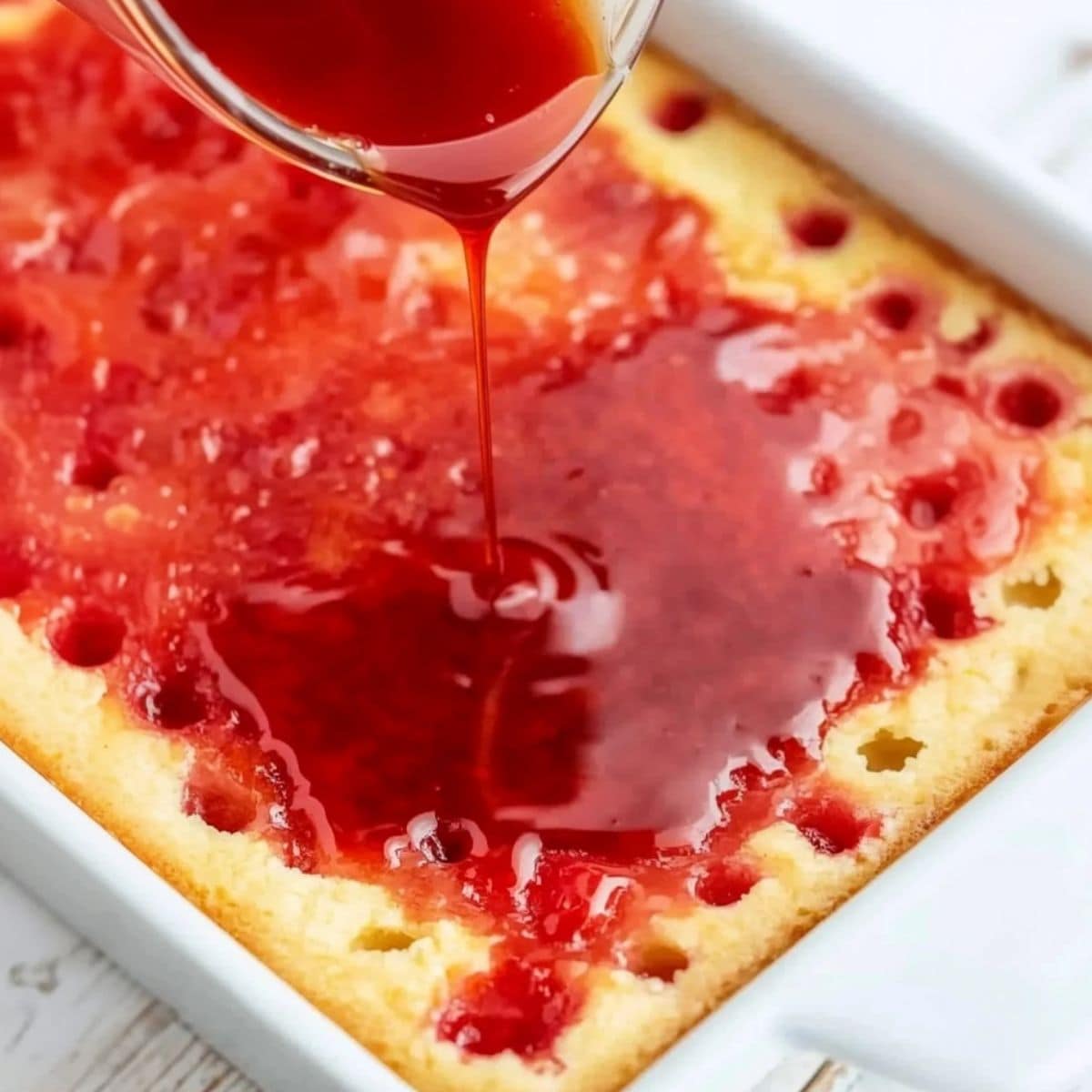 Red jello poured over vanilla cake with poked holes baked in baking dish.