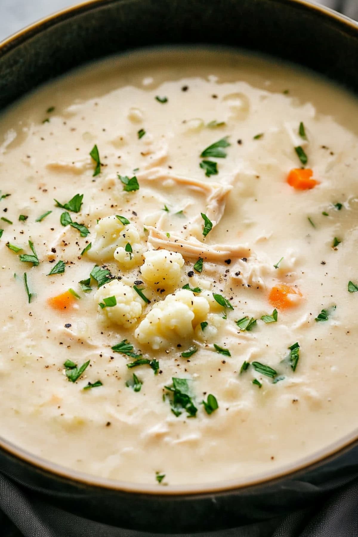 A close-up of chicken cauliflower soup with parsley in a bowl.