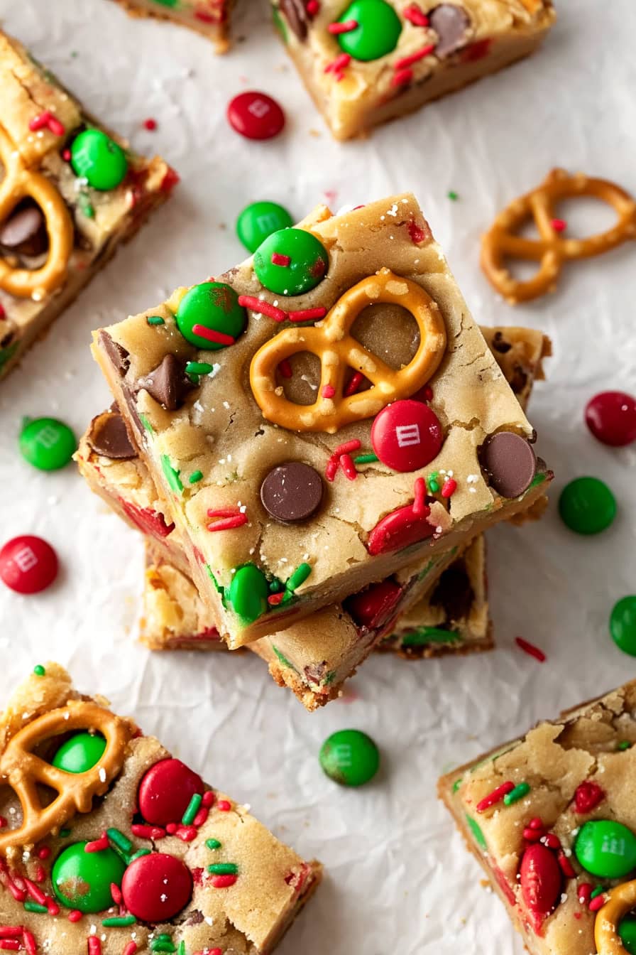 Christmas Cookie Bars on a sheet of parchment paper, overhead shot