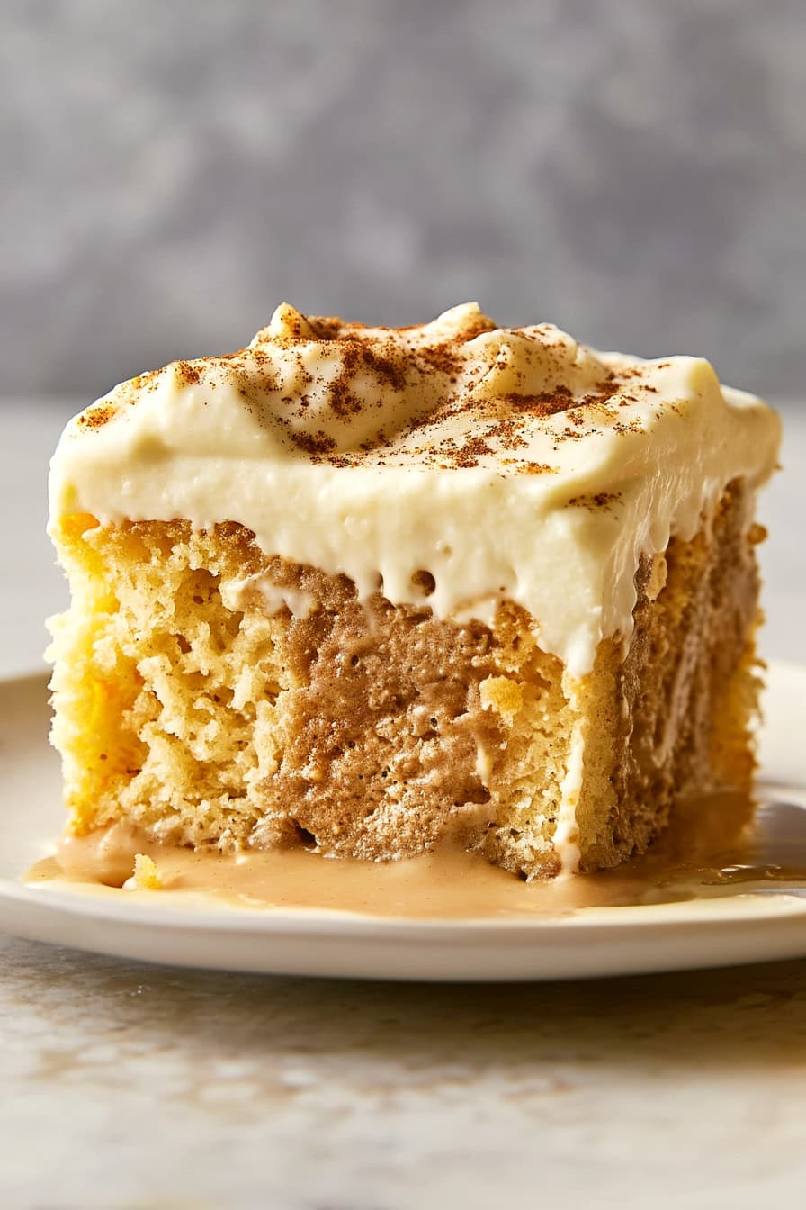 Cinnamon Roll Poke Cake with Cream Cheese Frosting slice, close-up shot.
