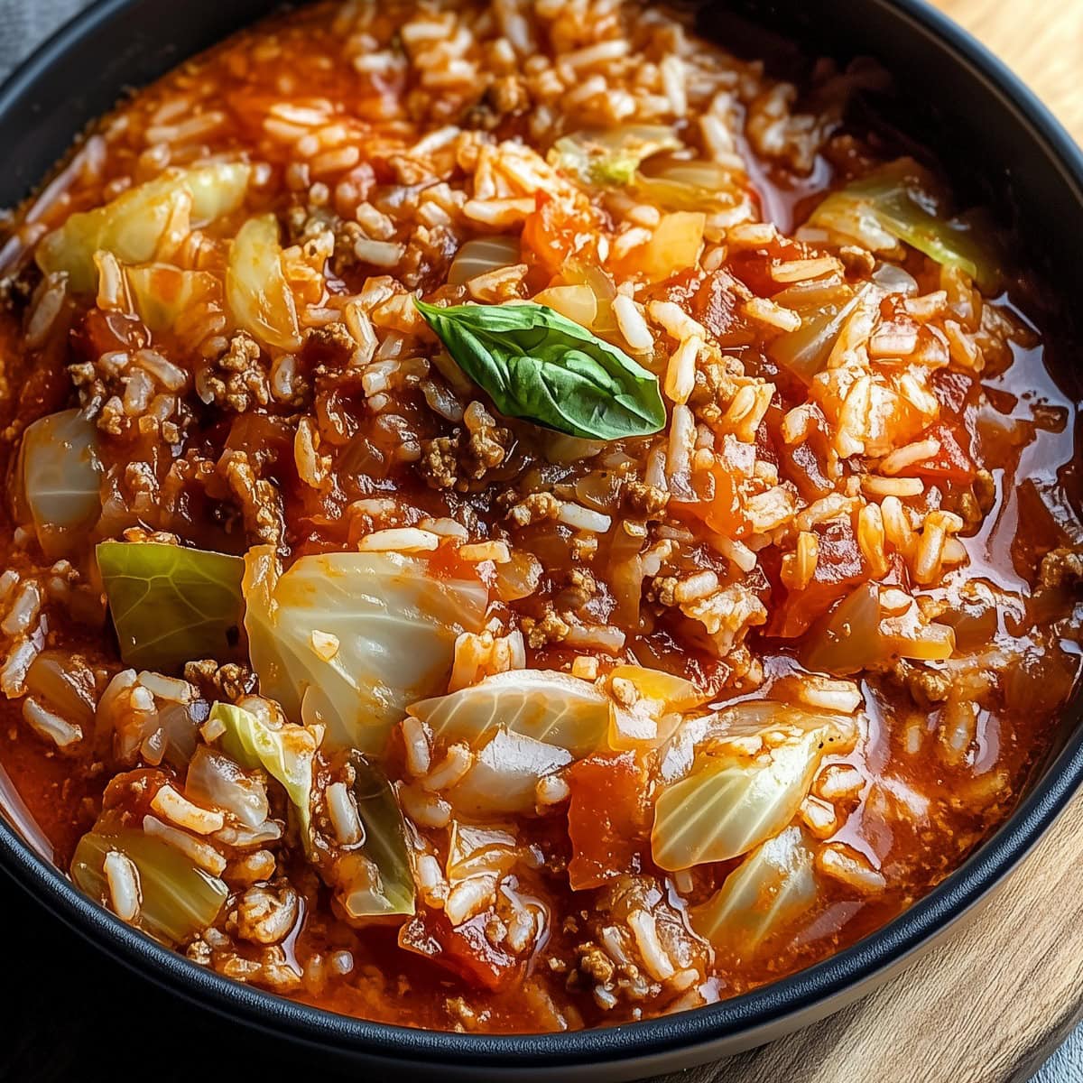 Close up of Unstuffed Cabbage Rolls in a black bowl