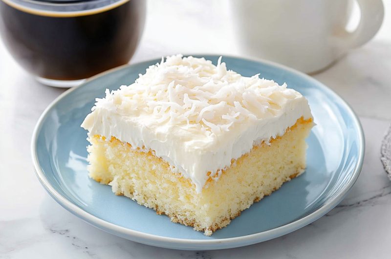 A plate of coconut poke cake served with a cup of coffee.