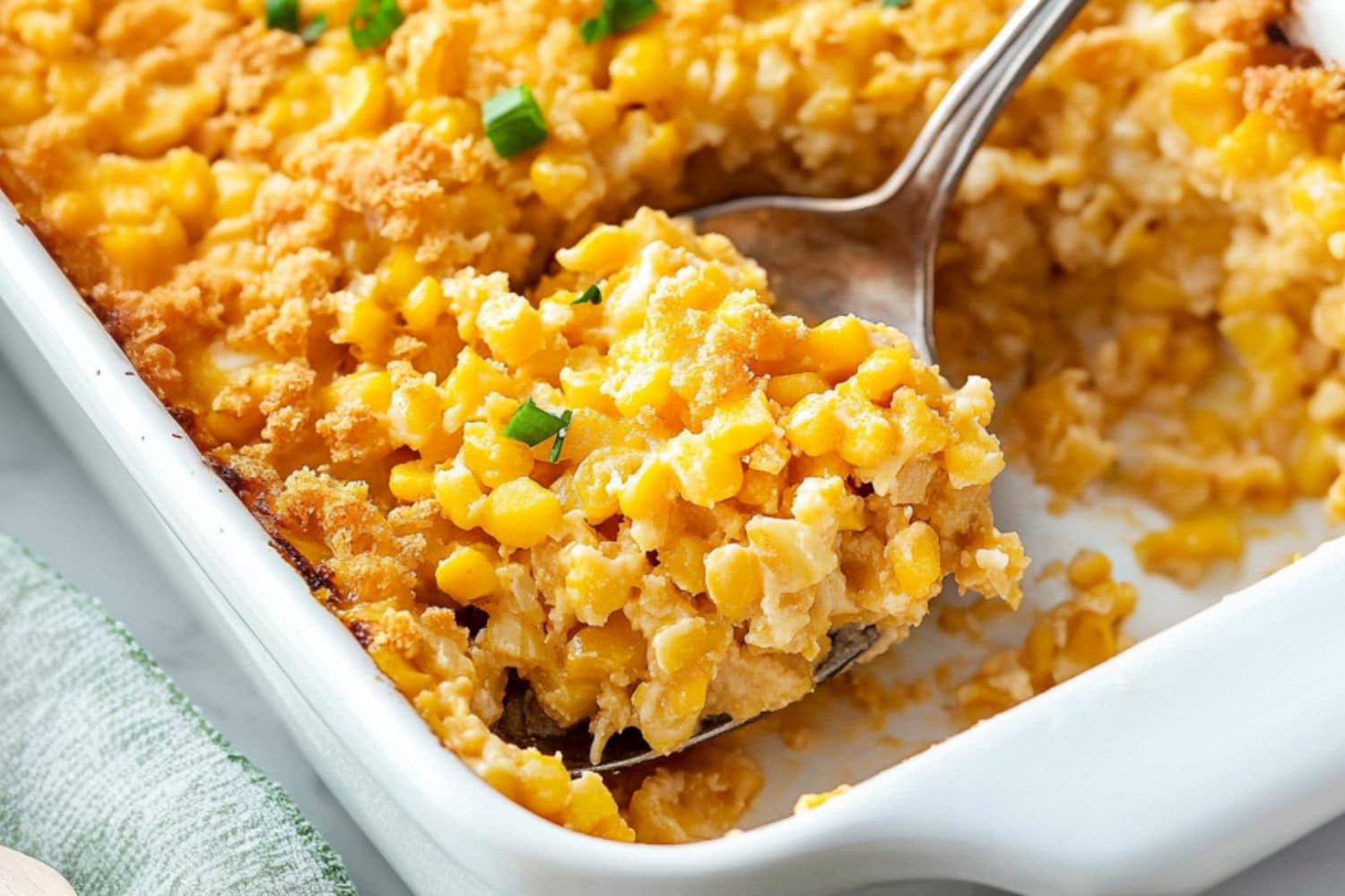 Spoon lifting a serving of creamy corn casserole from baking dish.