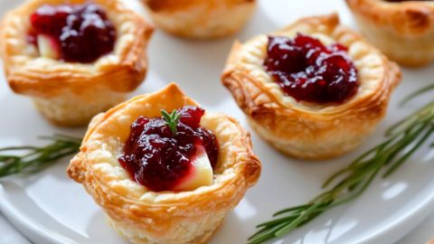 Cranberry brie bites with rosemary sprigs served in a white plate.