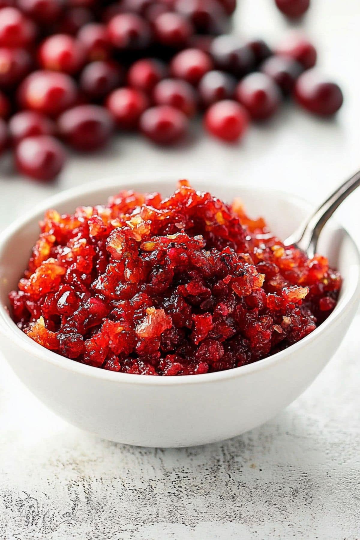 Cranberry relish in a white bowl with spoon.