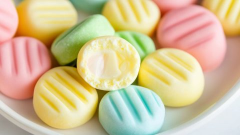 Bitten cream cheese mints sitting on top of the bunch of other mints in a white plate.