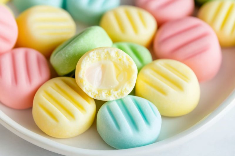 Bitten cream cheese mints sitting on top of the bunch of other mints in a white plate.