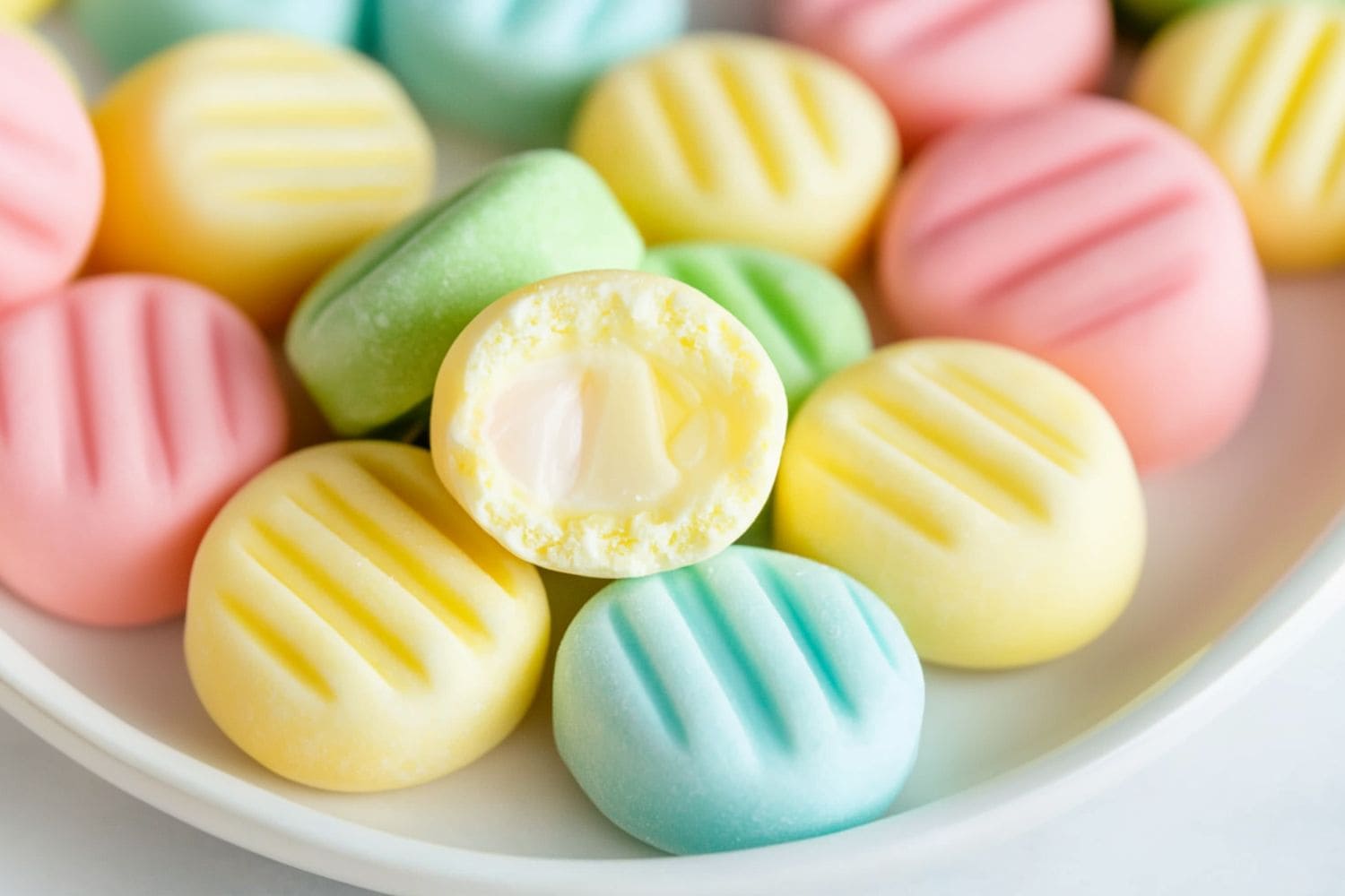 Bitten cream cheese mints sitting on top of the bunch of other mints in a white plate.