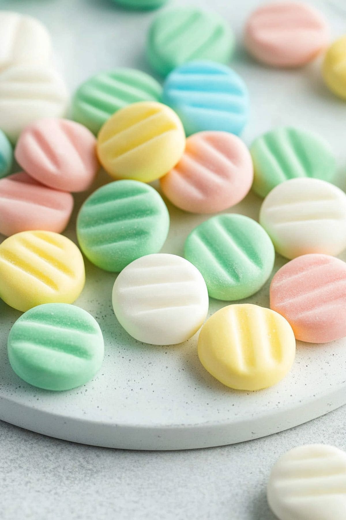 Colorful bunch of cream cheese mints in a white plate.