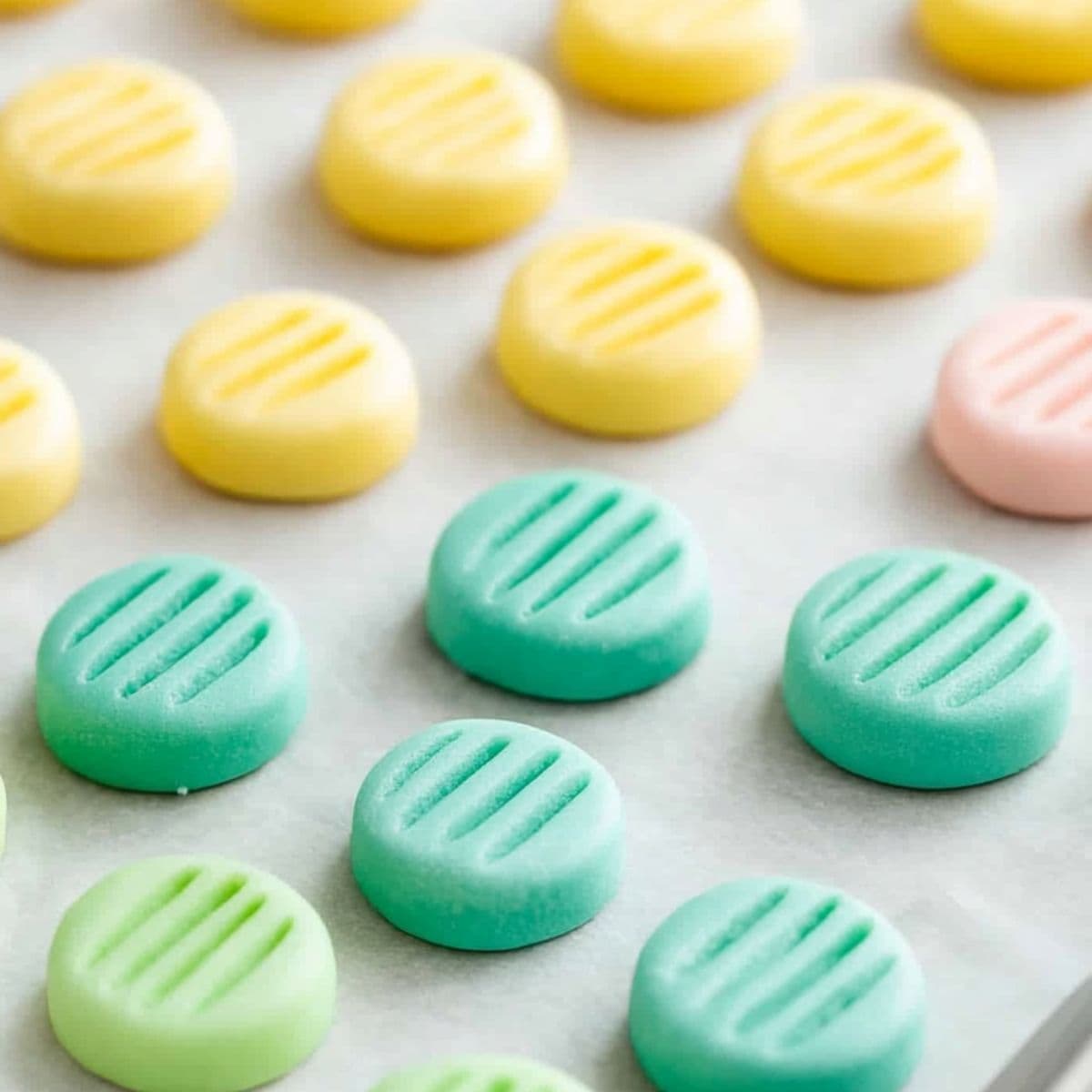 Cream cheese mints arranged in a baking sheet with parchment paper.