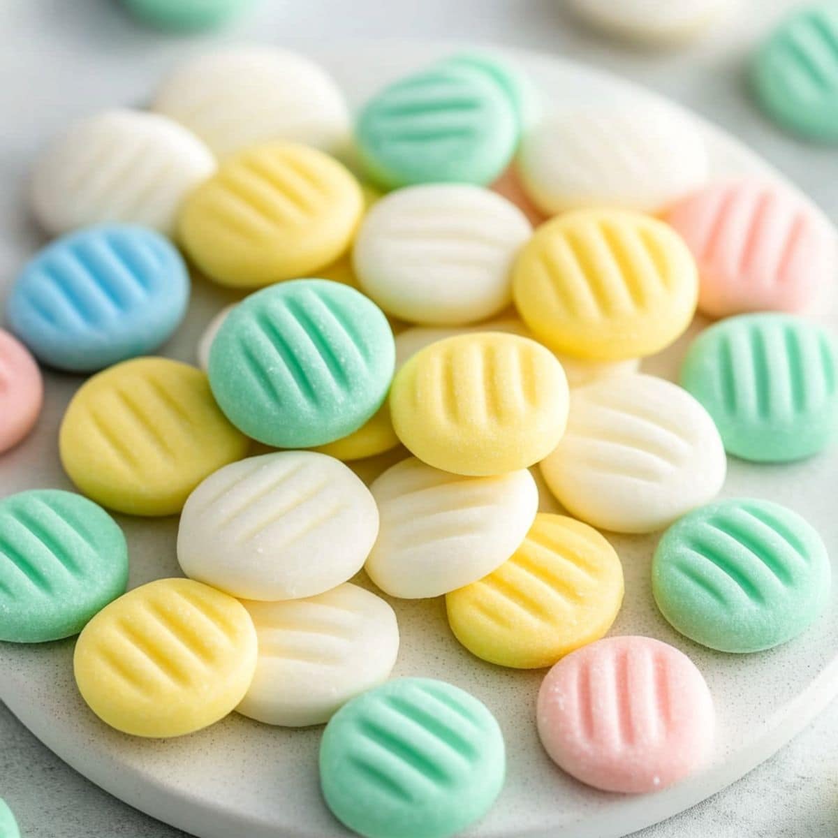 Cream cheese mints served in plate.