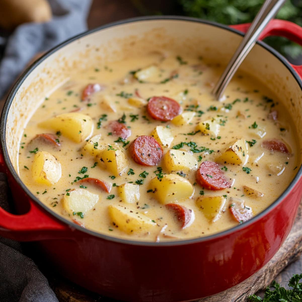 Creamy Kielbasa Potato Soup In a Dutch Oven