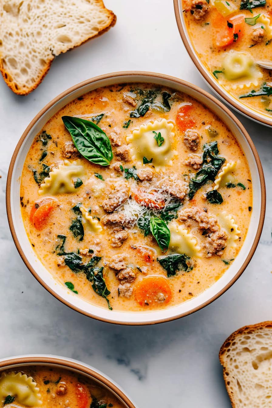 Creamy ravioli soup with spinach, carots and Italian sausage, garnished with grated parmesan and basil.