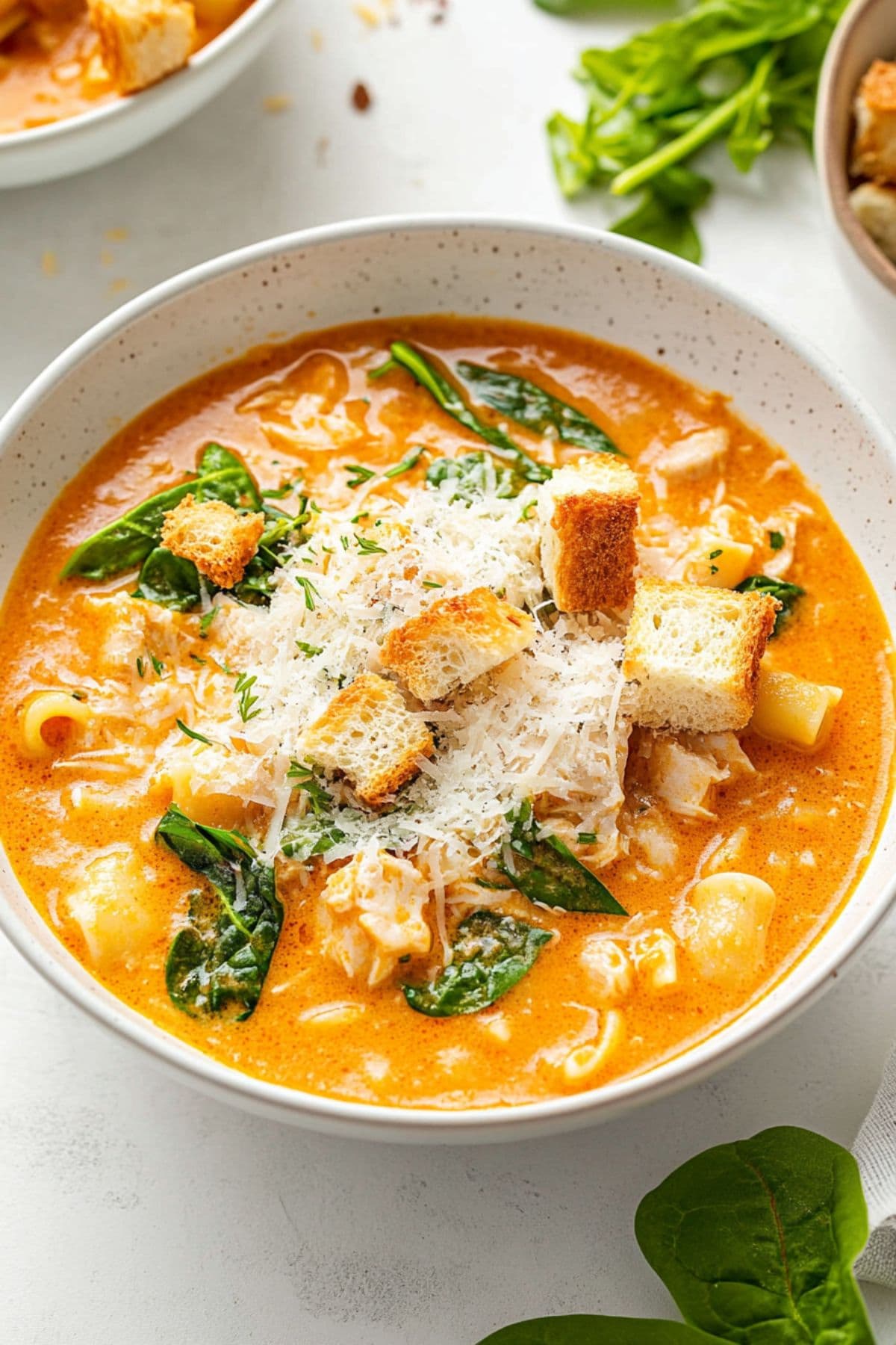 Serving of chicken parmesan soup in a white bowl garnished with parmesan cheese and croutons.