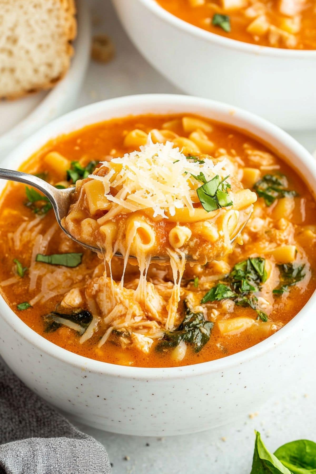 Spoon scooping a serving from a bowl of chicken parmesan soup. 