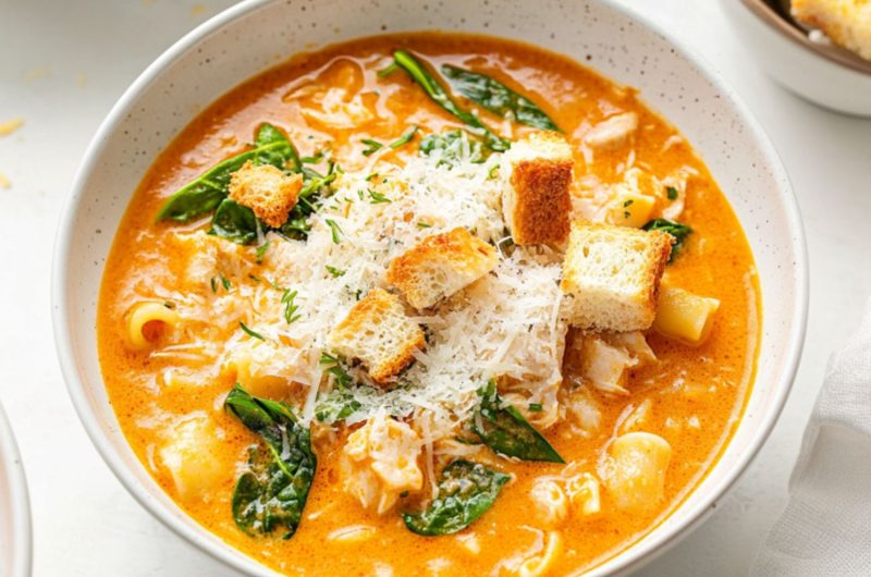 Chicken parmesan soup served in white bowl garnished with grated cheese and croutons.